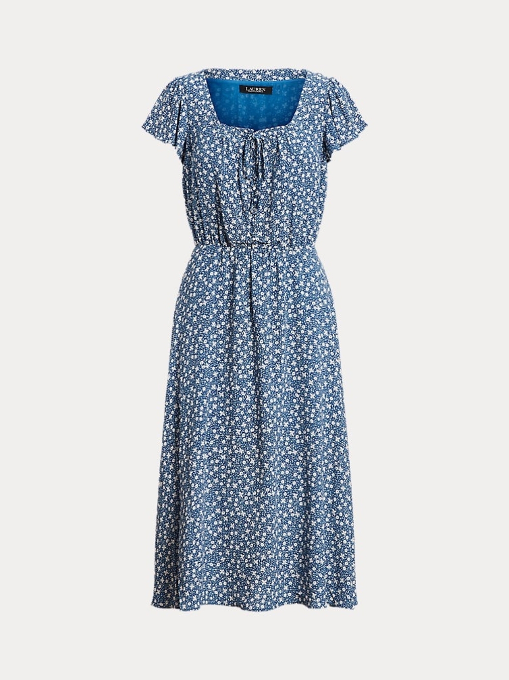 Ralph Lauren Blue Floral Tie-Neck Midi Dress Size 6